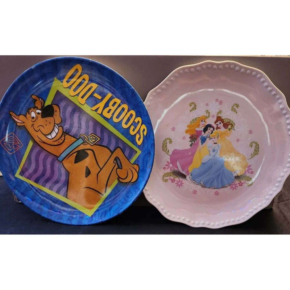 Lot Of 3 Melamine Dishes VTG SCOOBY Plate VTG BARNEY Bowl  1 Not VTG PRINCESSES